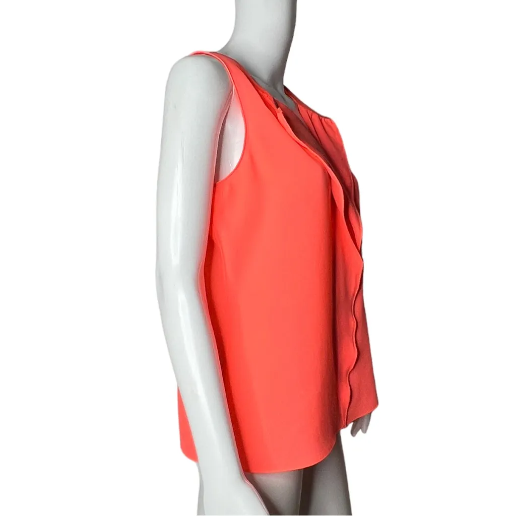 Tahari Women's Sleeveless Blouse Bright Orange V-Neck Ruffle‎ Front Round Hem - Image 2