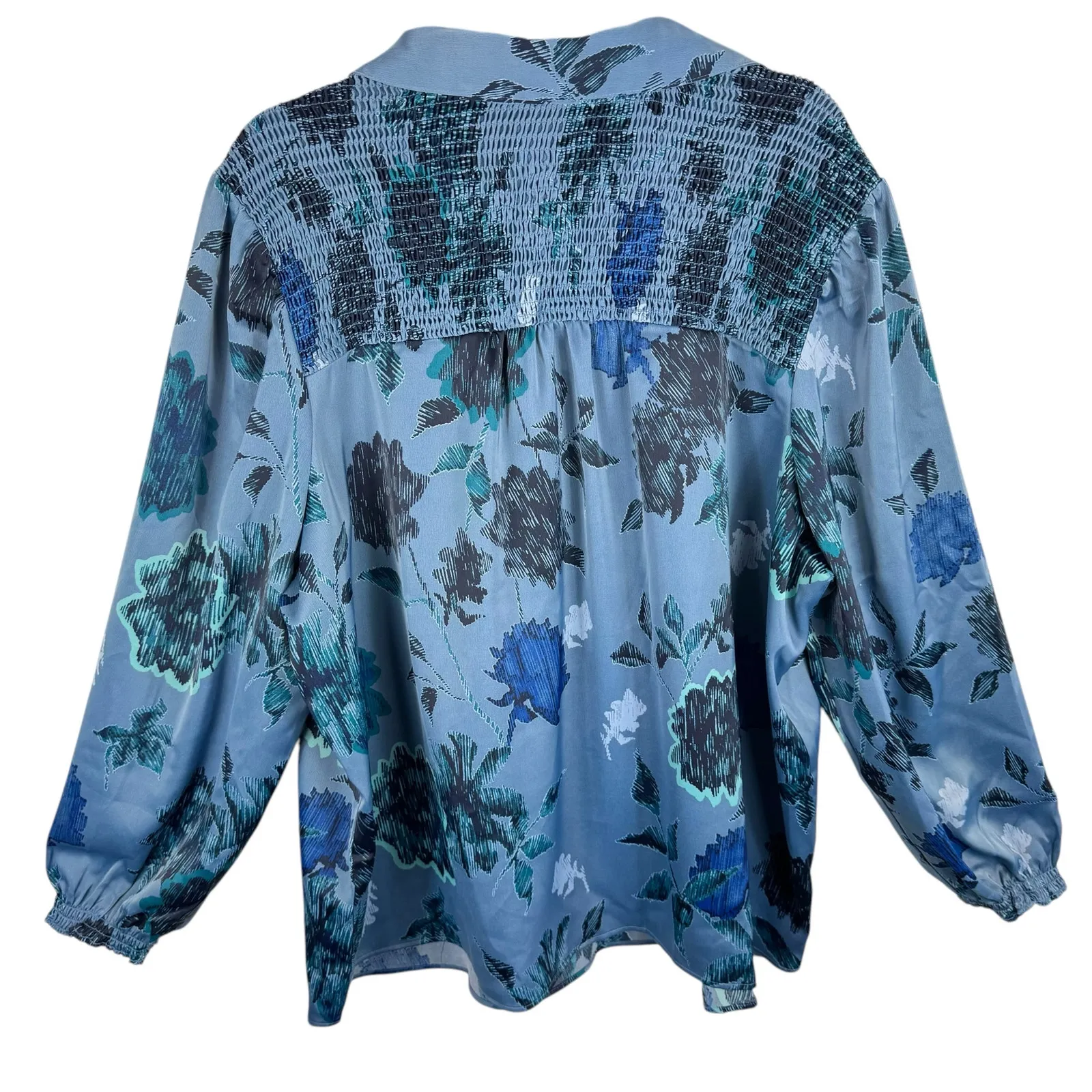 Canyon Retreat Denim‎ & Co. Blue Floral Silky Satin Long Sleeve Blouse Size 2X - Image 5
