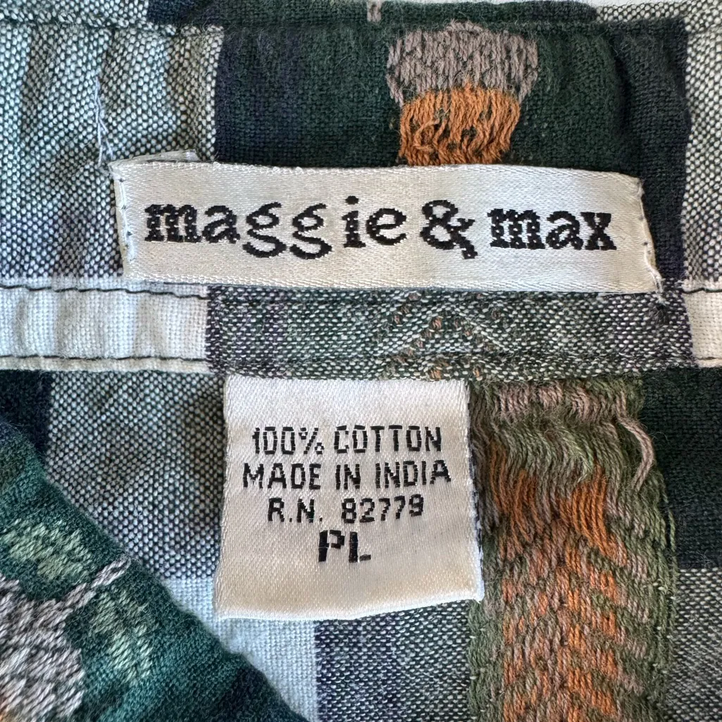 Vintage Maggie & Max Forest Green White Woven Plaid Embroidered Acorn Shirt PL Size L - Image 5