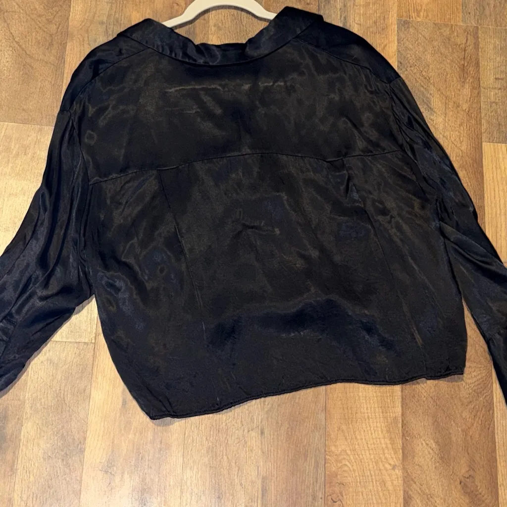 Zara Black Satin Button Down Shirt Cropped size small - Image 7
