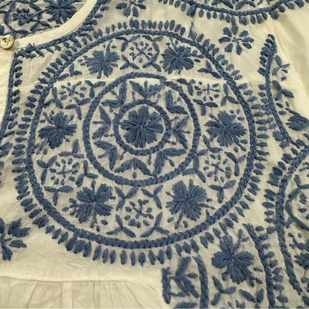 DOLMA White and Blue 100% Cotton Hand Embroidered Mini Dress Size M - Image 8