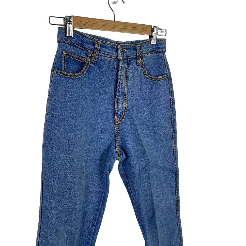 REGO Vintage Women's Size 26 Med wash High Rise Waist Western Jeans Gold Stitch - Image 2