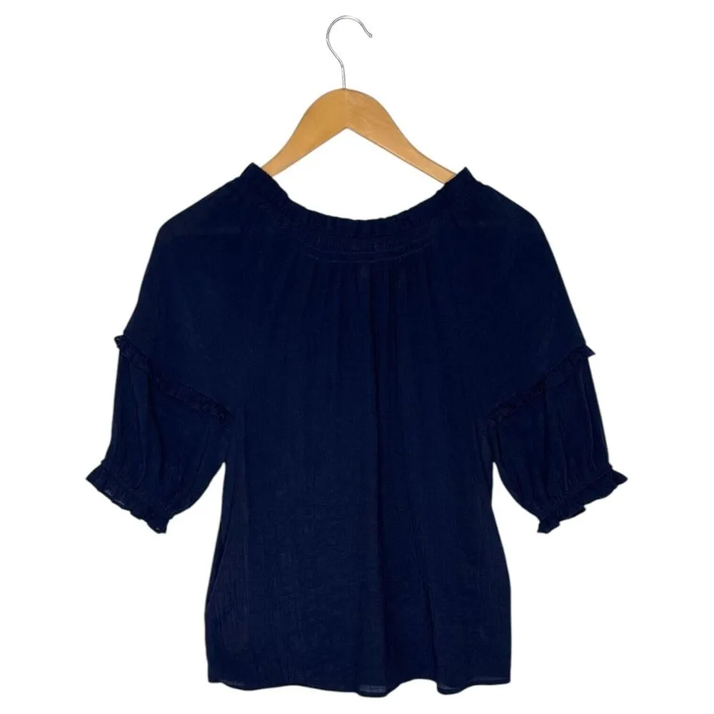 Nanette Lapore Top Womens S Sheer Half Sleeve Ruffle Round Neck Designer Blue - Image 7