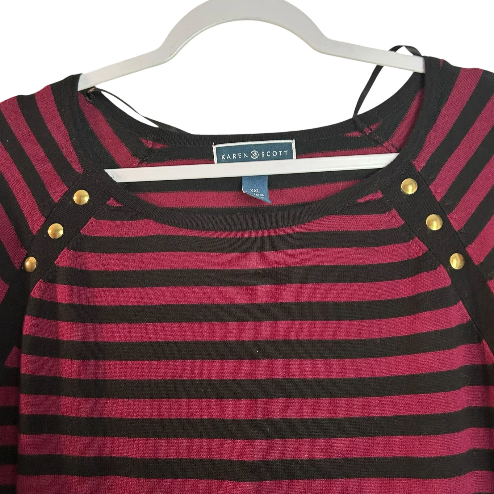 Karen Scott Knit Jersey Striped XXL Button Accents Burg/Black Nautical Stretchy - Image 3