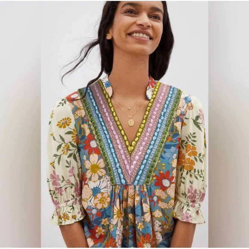Bl^nk London Anthropologie Stephanie Embroidered Floral Top Small Boho Yellow - Image 11