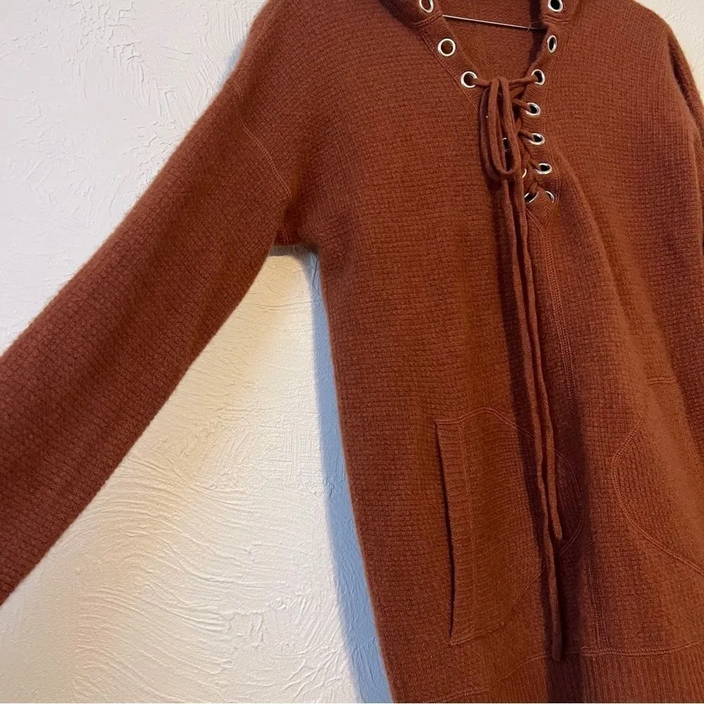 Cullen 100% Cashmere Brown Lace Up Hooded Sweater XS - Image 3