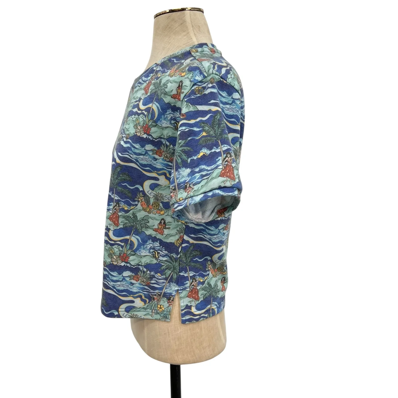 Le Superbe Fringed Tee Shirt Short‎ Sleeve Hawaiian Print Blue Size Small - Image 8