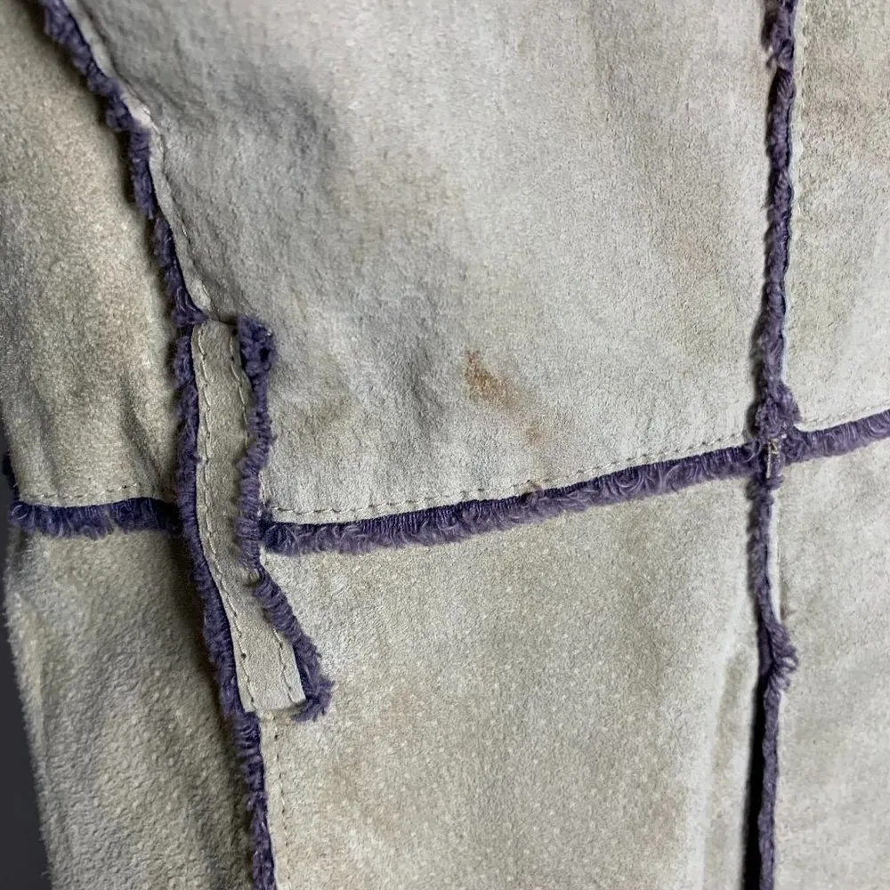 Vintage Leather Patchwork Jacket M Beige Corduroy Lined Buttons Belt Loops - Image 4