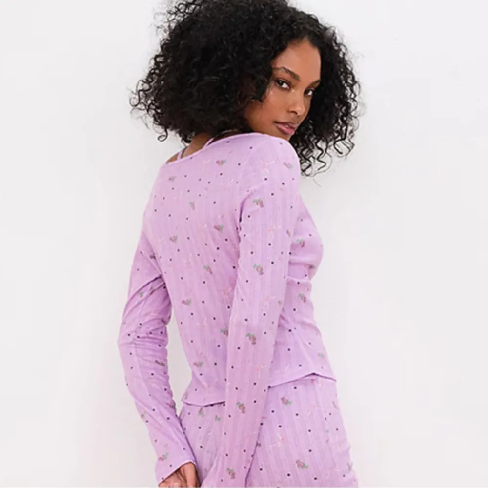 For Love & Lemons Pointelle Long Sleeve Top Lavender Floral Bows Size M - Image 2