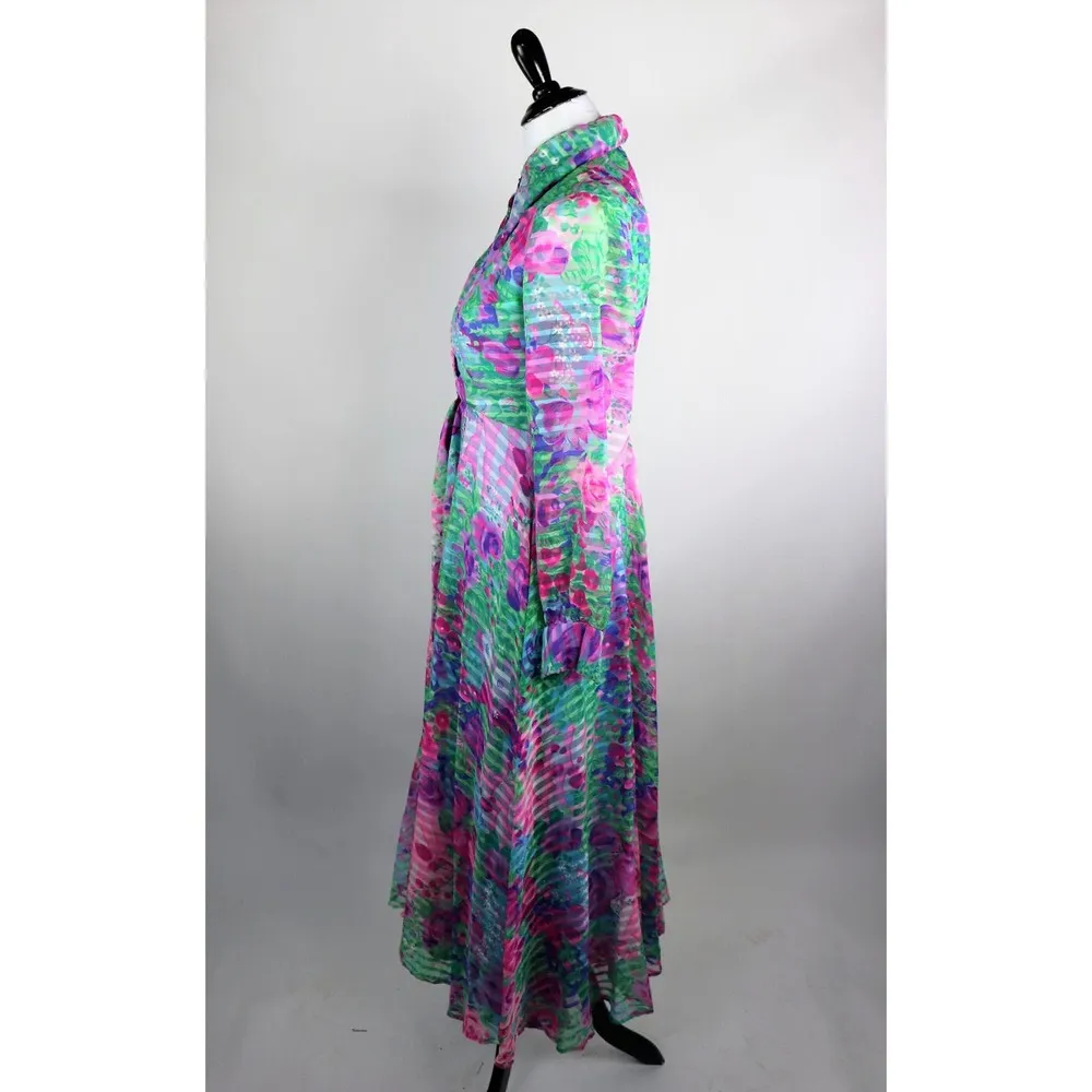 Vintage 1970s Floral Print Midi Long Sleeve Shirt Dress Coco California Medium - Image 6