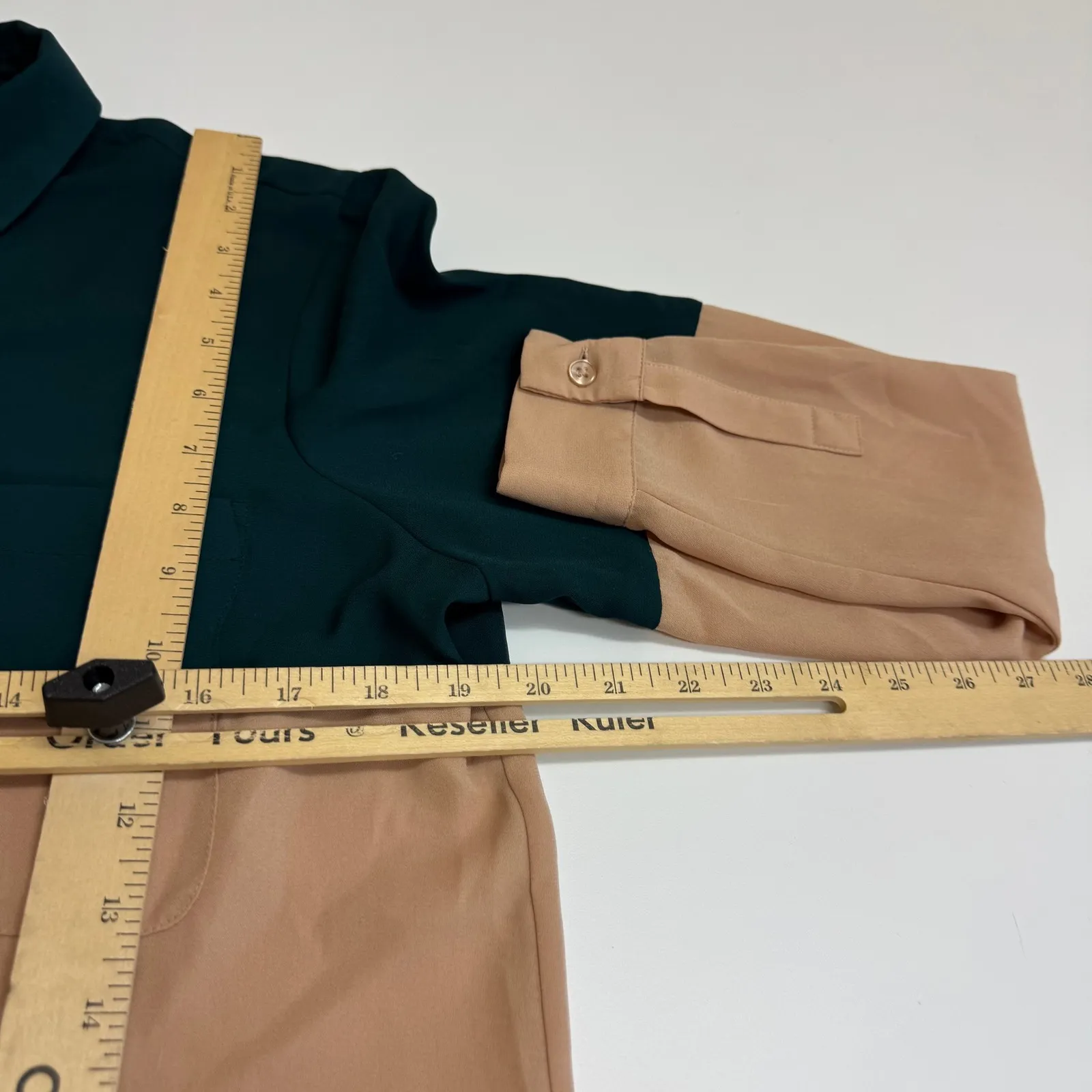 ASOS Shirt Womens Size 6 Tan Green Colorblock Long Sleeve Button Down - Image 9
