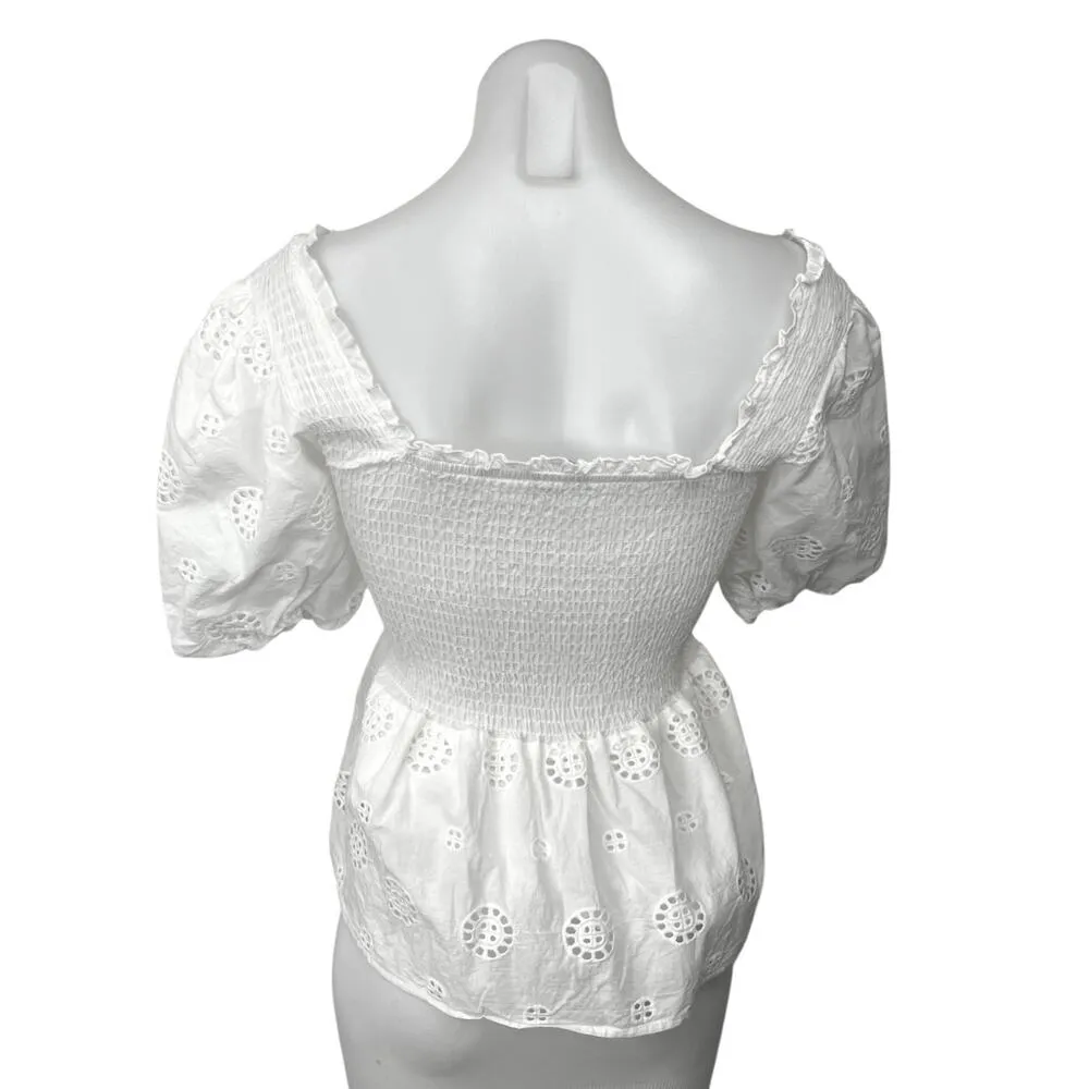 Koko + Mason White Smocked Eyelet Puff Sleeve Square Neck Peplum Blouse Top Sz M Size M - Image 2
