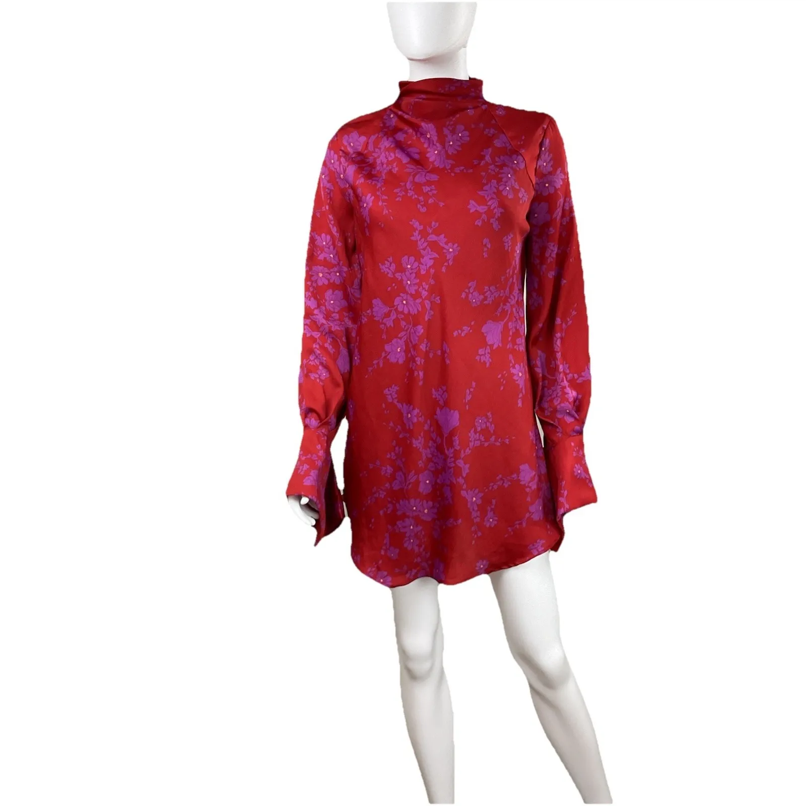 Free People Aries Open Back Floral Long Sleeve Mini Dress Red XS - Image 3