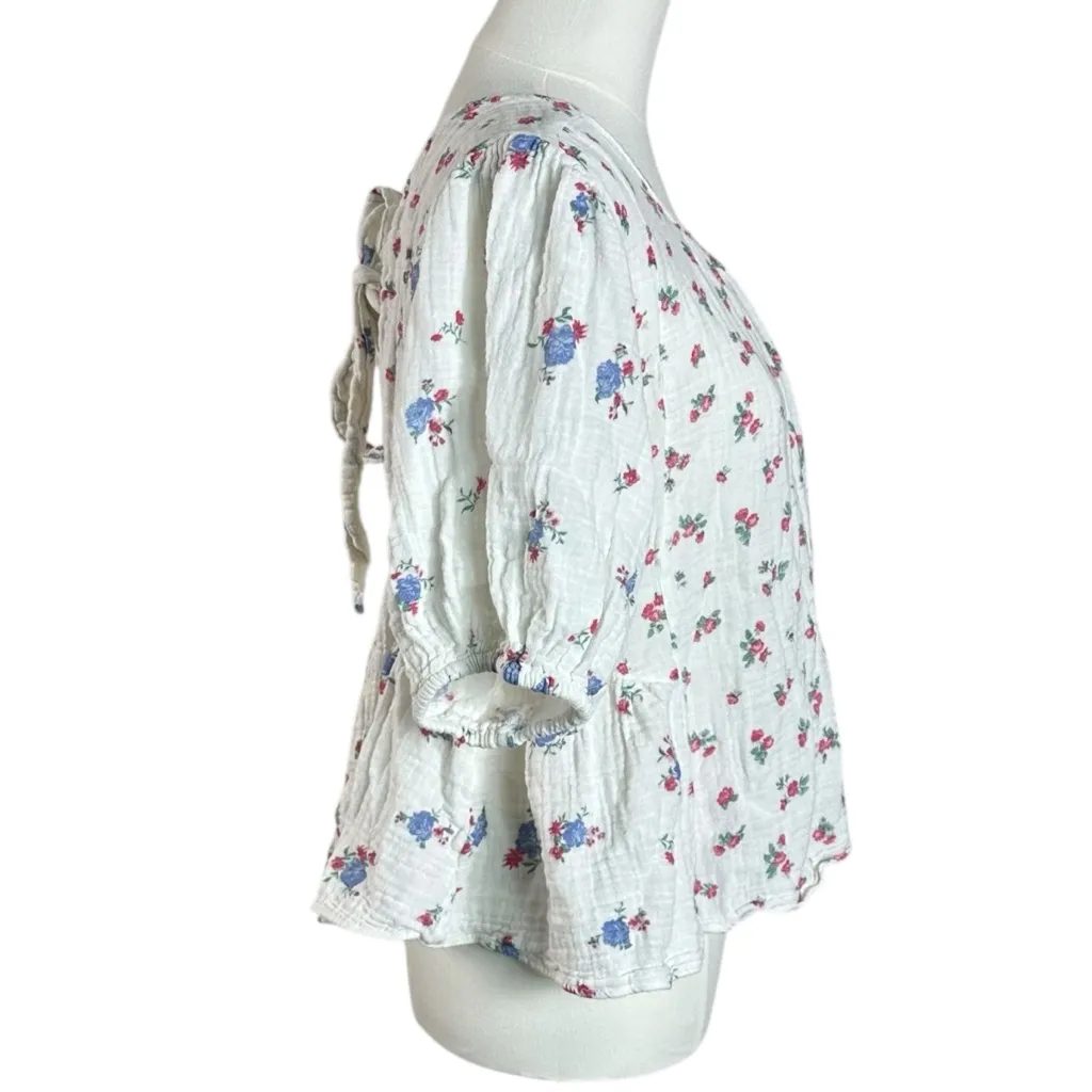 Free People Dainty Chloe Printed Top Floral Large Cottage Bow Gauze Shabby Chic - Image 7