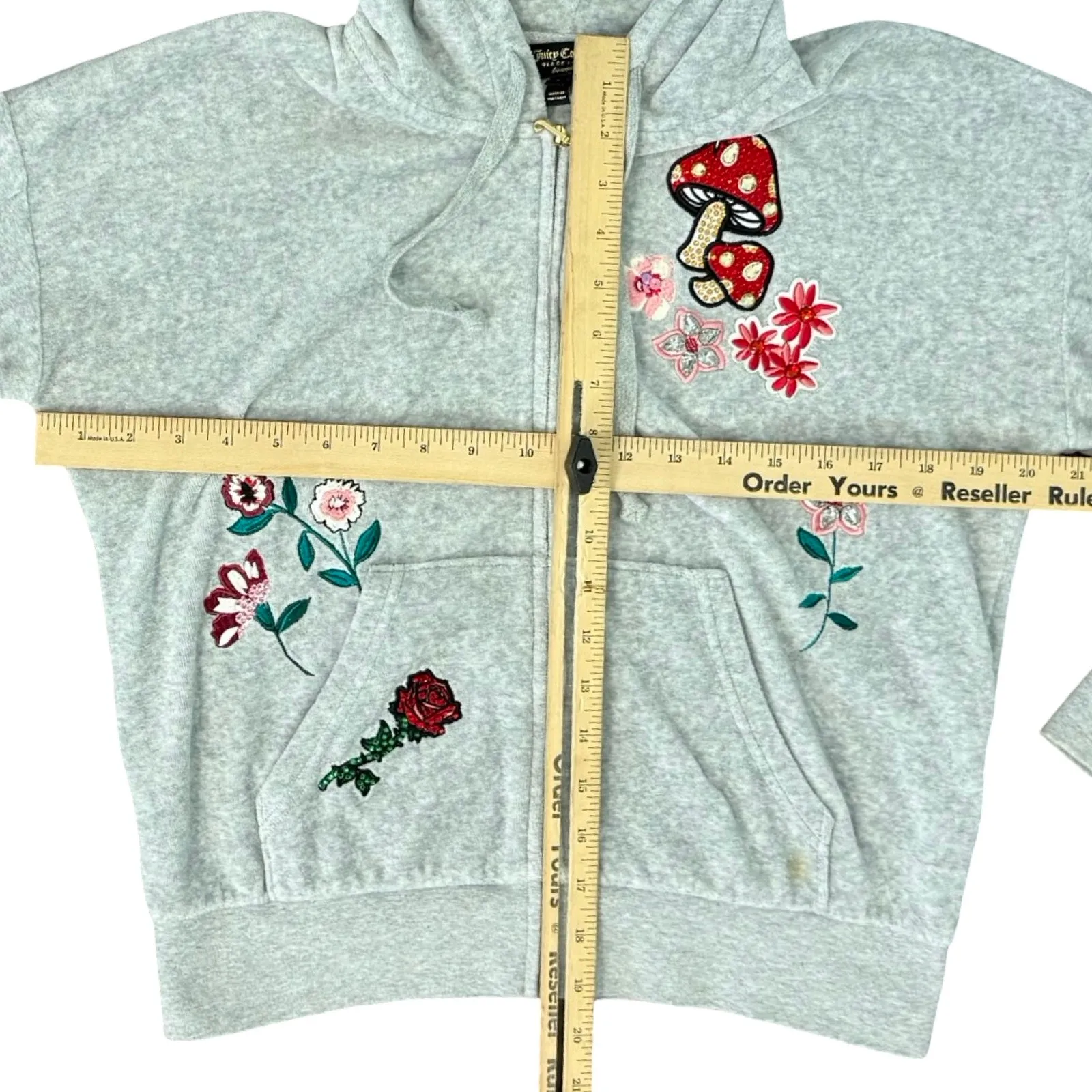 Juicy Couture Black Label Gray Bedazzled Mushroom Flower Zip Up Hoodie size S - Image 5