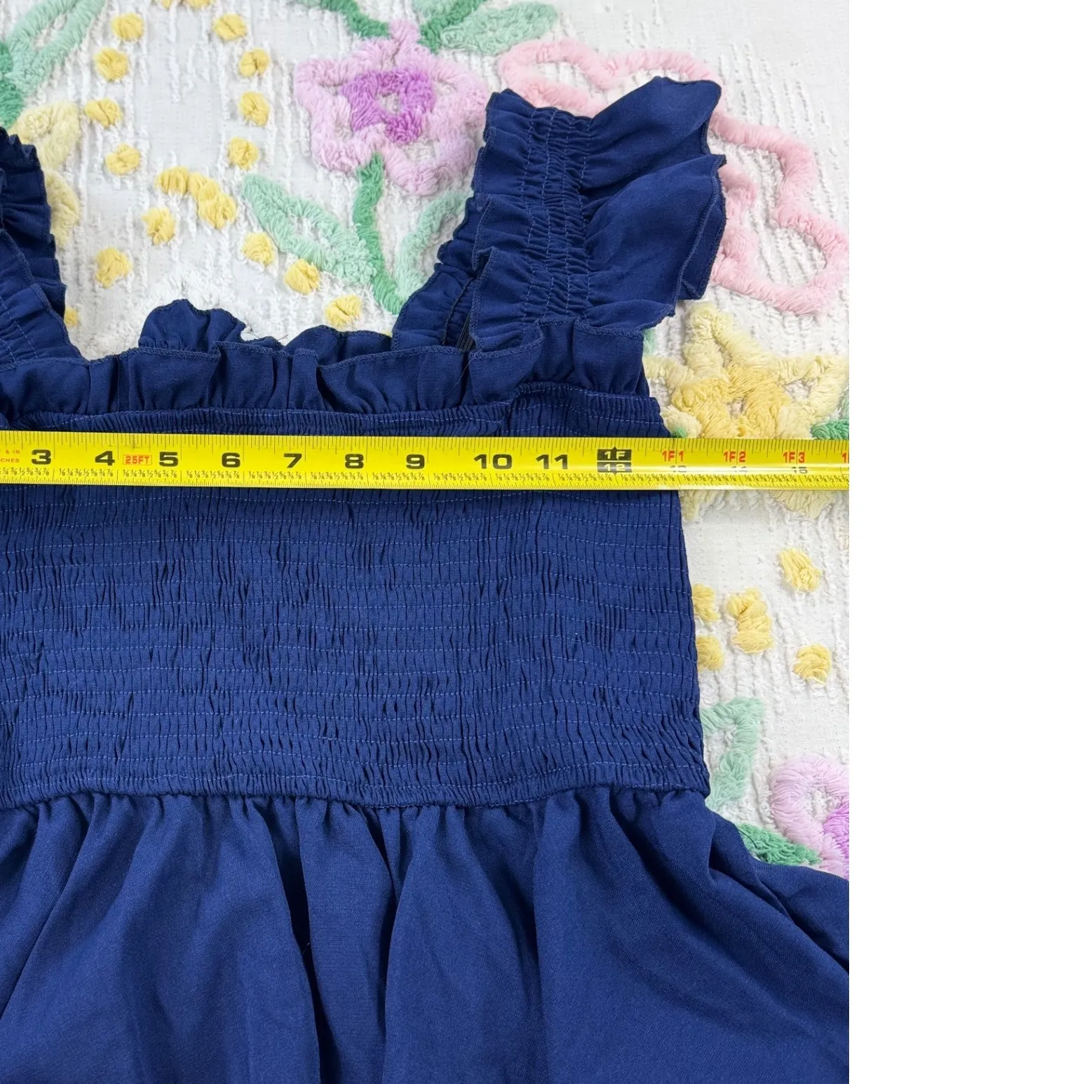 Navy Blue‎ Smocked Peplum Top Square Neck Ruffle Flutter Sleeve Women's S - Image 4