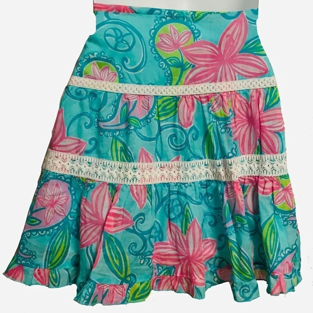 Lilly Pulitzer Crochet Floral Lace Drawstring Skirt Small/Medium Bright Blue Neon - Image 6