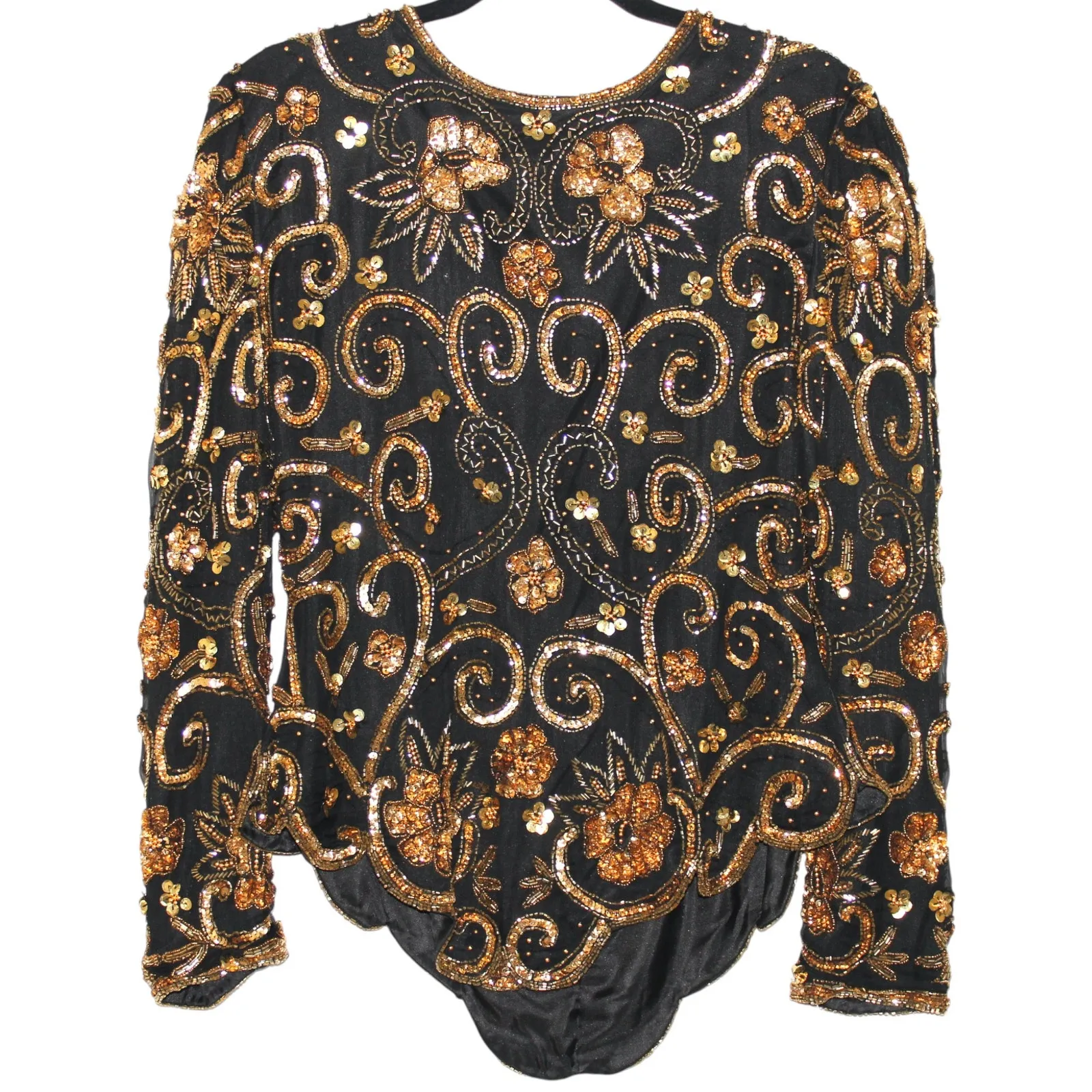 Laurence Kazar Vintage Black Silk Blouse Long Sleeve with Gold Beading Size L - Image 3