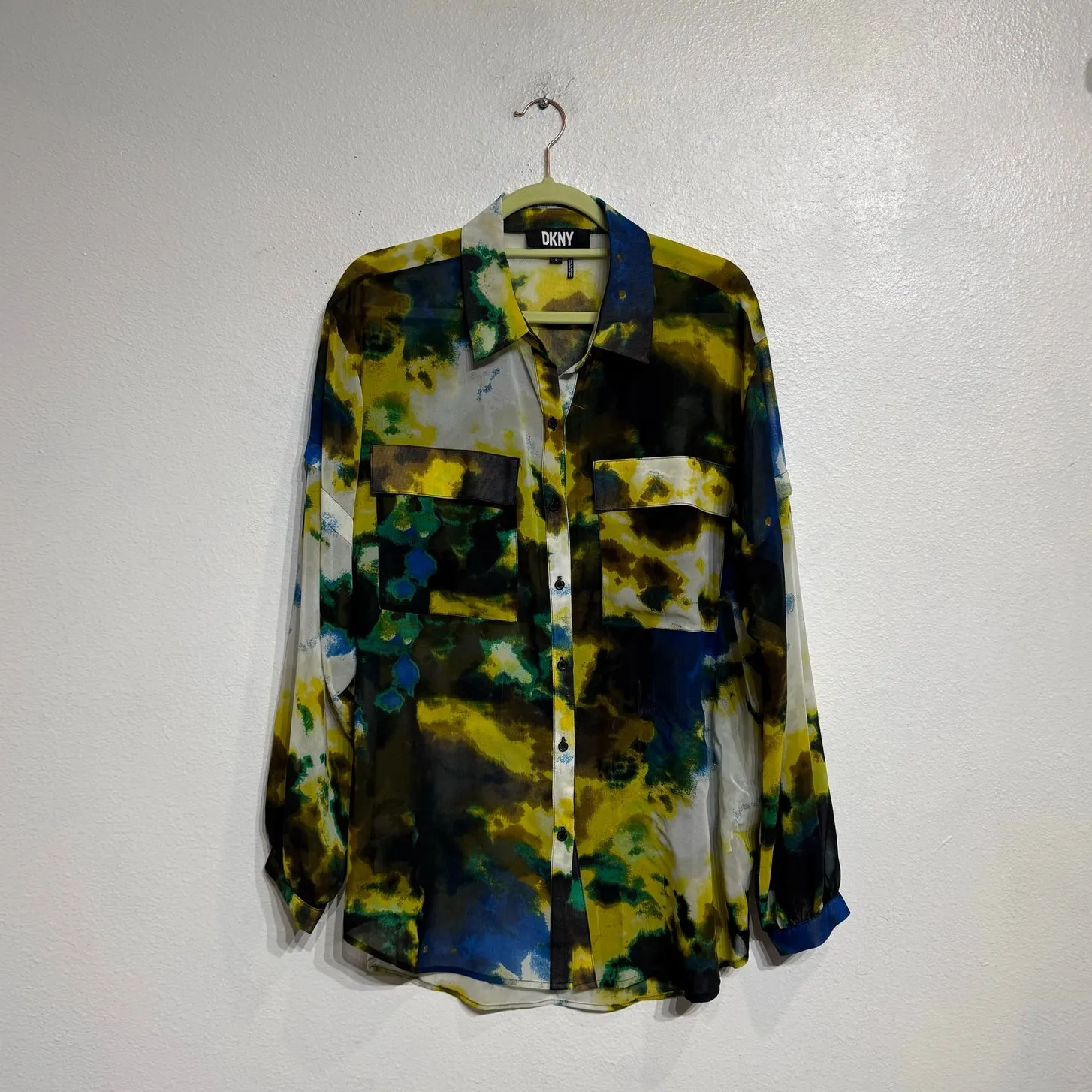 DKNY Black Sheer Cloud Print Button Down Blouse Sz L - Image 2