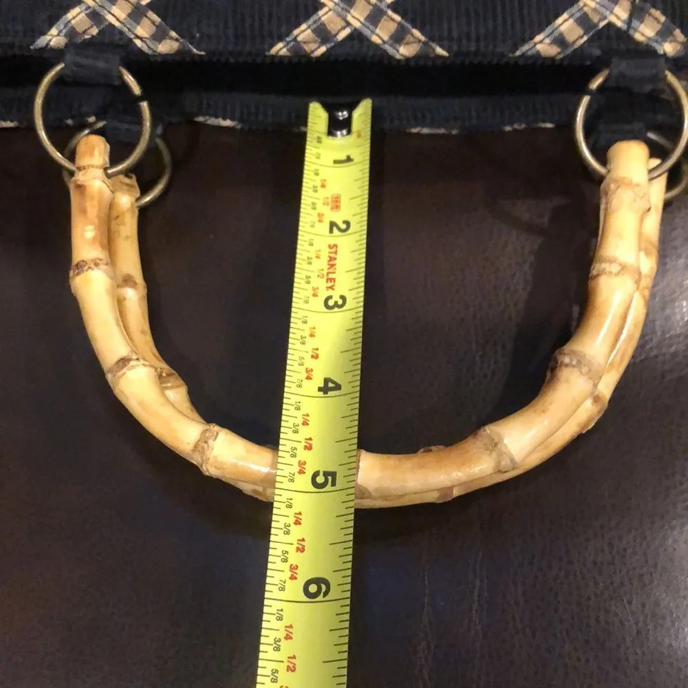 LONGABERGER Bamboo Handle & Black Corduroy Bag w Diamond Pattern Overlay VINTAGE - Image 5