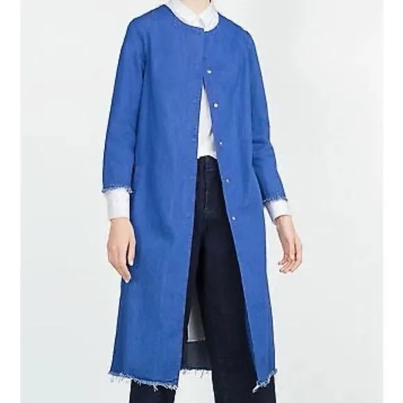 ZARA Blue Jean Jacket longline collarless denim duster small - Image 12