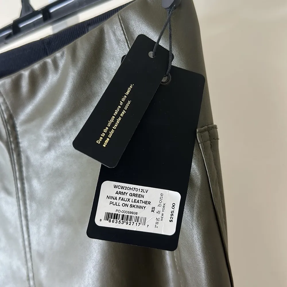 New RAG & BONE Army Green Nina Faux Leather Pull On Skinny Pant Size XS - Image 6
