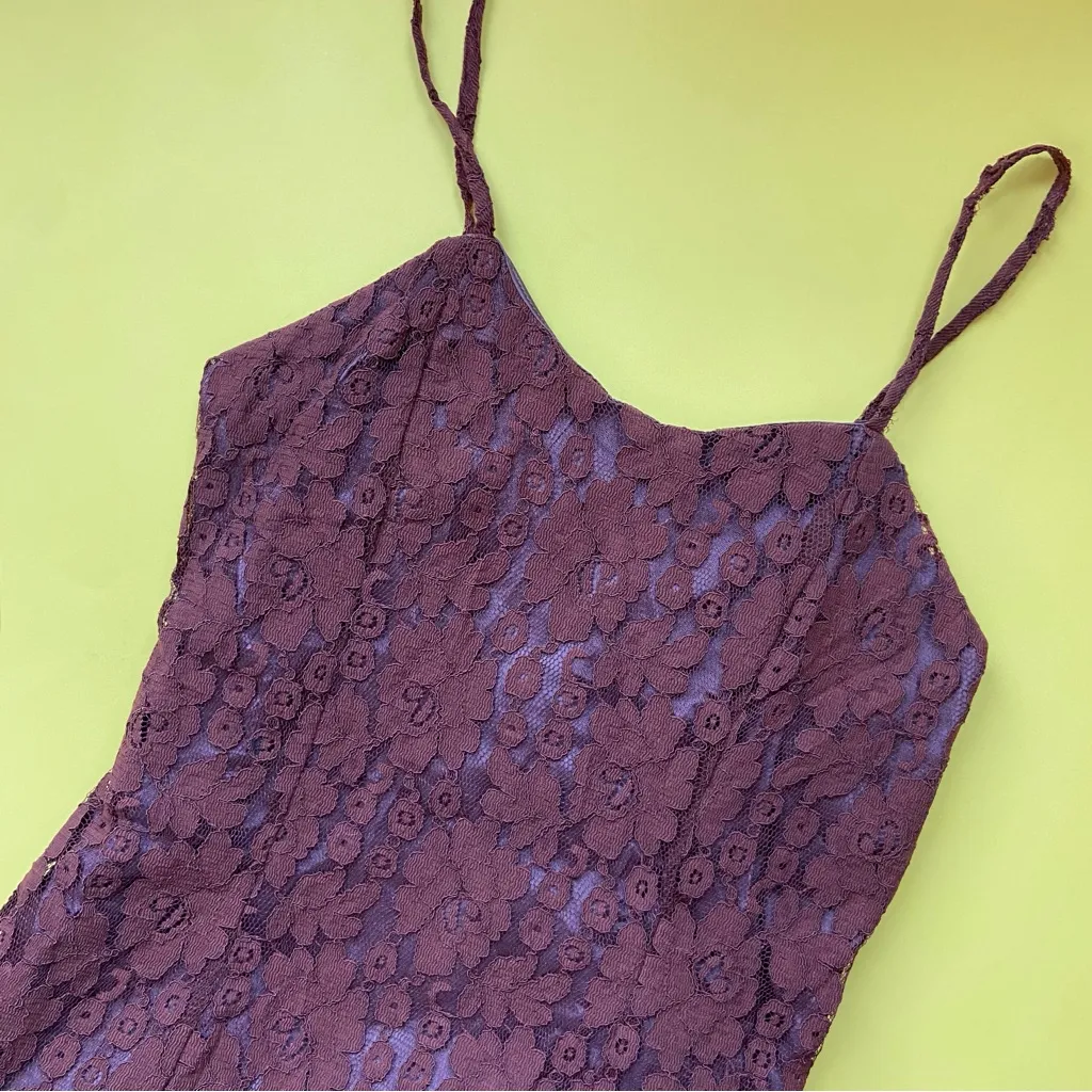 Vintage 70s 80s Brown Lace Sleeveless Sheath Cocktail Dress Size L - Image 2