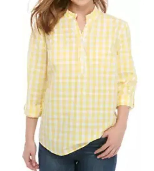 Kim Rogers Yellow & White Gingham Ruffle Neck Roll Tab Blouse Size MP - Image 2