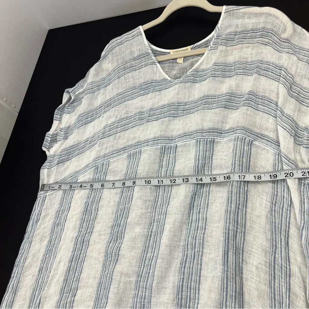 Eileen Fisher Organic Linen Caftan Dress Thin Gauze Unlined Size XXS‎ Blue White - Image 11