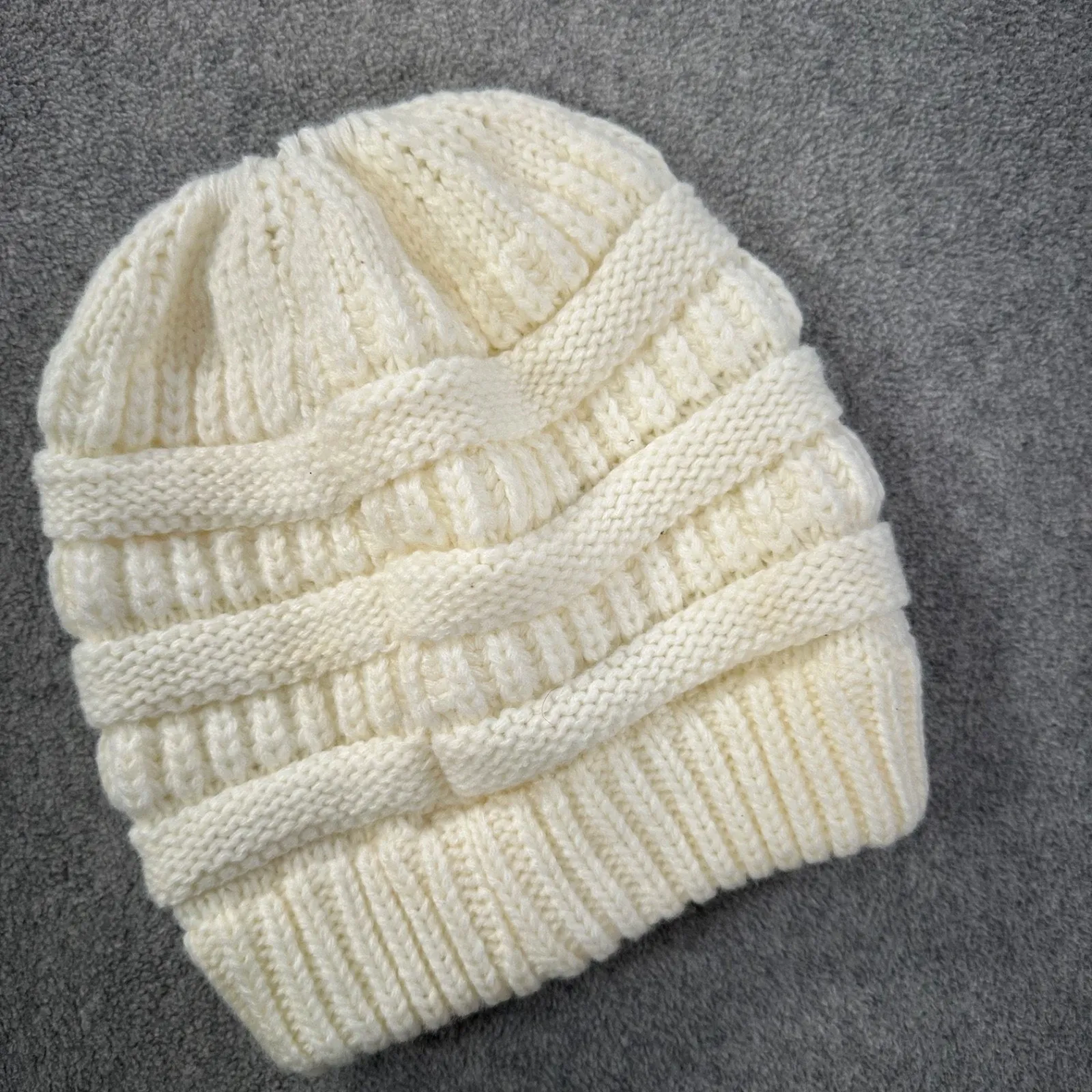 C.C. Cream Beanie Hat Winter Ponytail Hole Ribbed Knit - Image 4