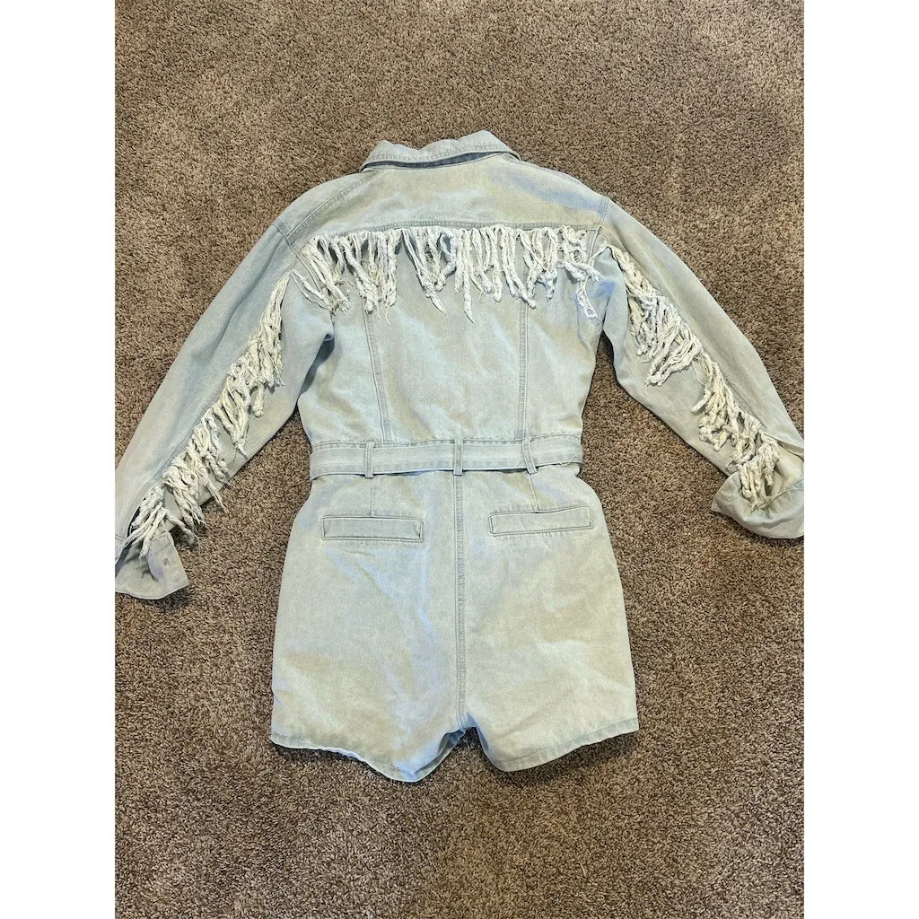 Peach Love California Romper Womens S Blue Light Wash Denim Fringe Belted - Image 10