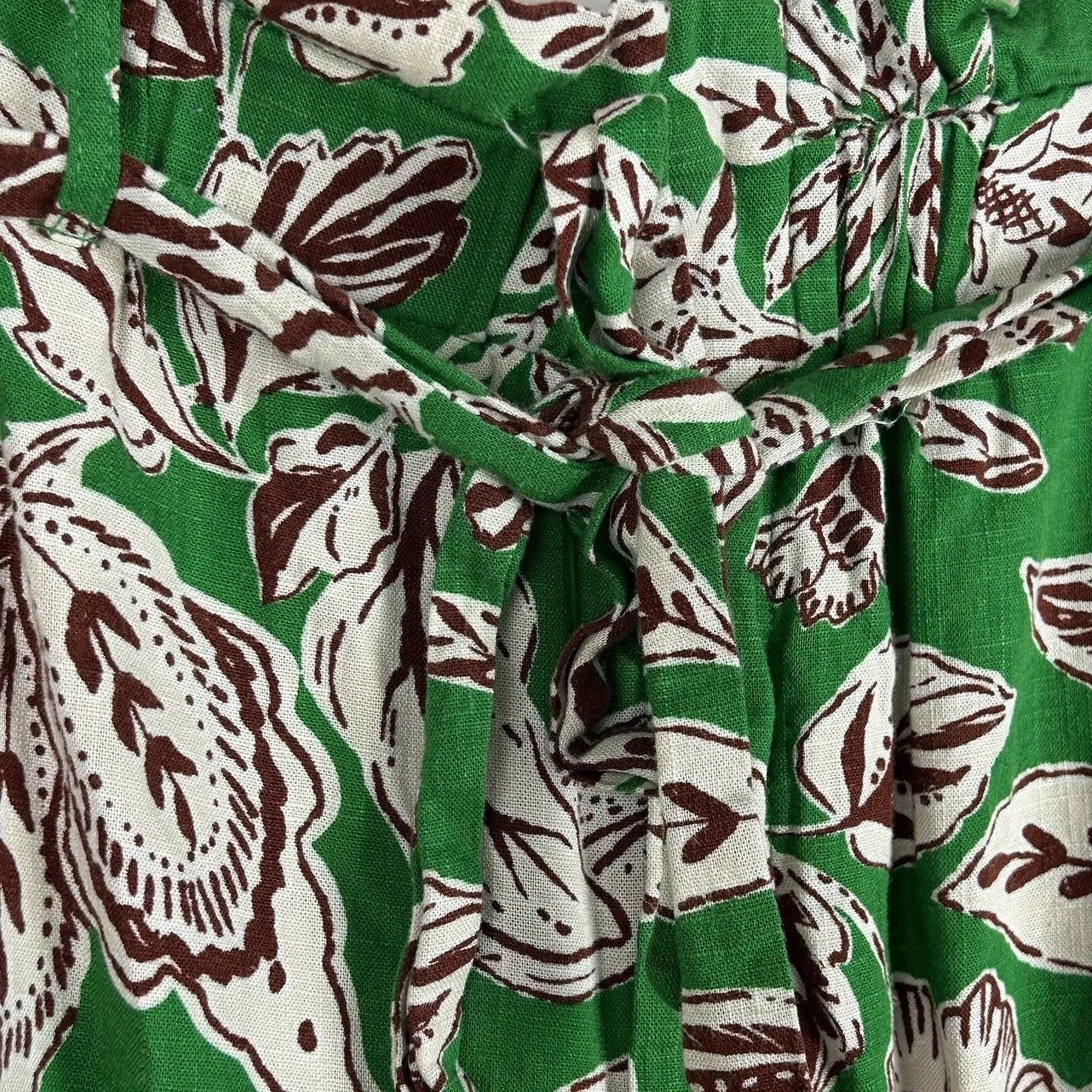 Zara Women's Paperbag Floral Tie Belt Elastic Linen Shorts Green Brown Large - Image 3