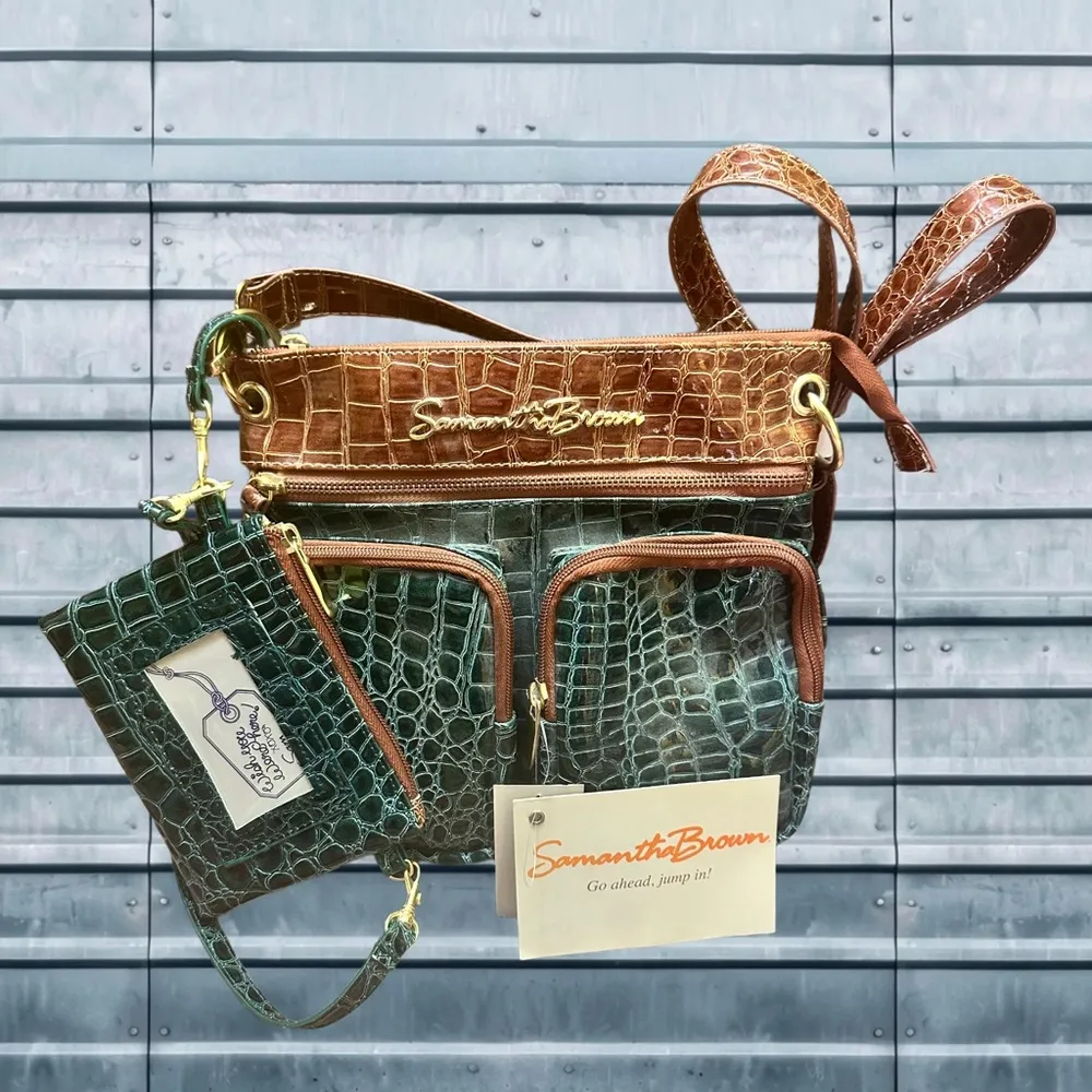 Samantha Brown Green and Brown Crocodile Embossed Bag Crossbody - Image 2