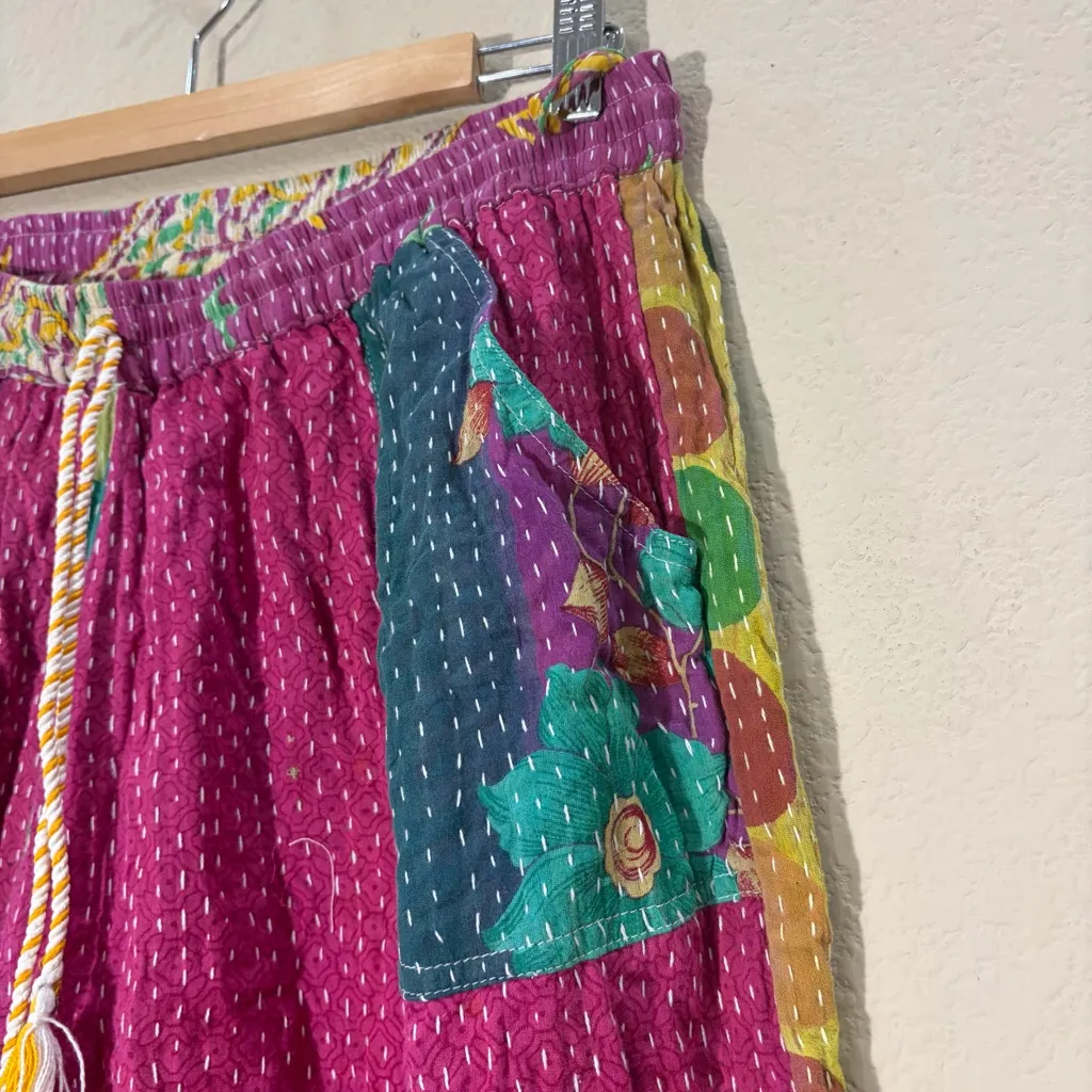 Kantha INDIA Handmade Wide Leg Hippie Boho Gypsy Palazzo Pants Sz L Thick Cotton Pink Size L - Image 4