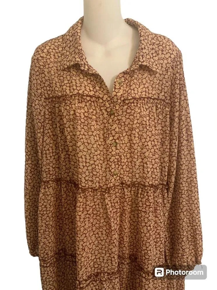 GB Boho Floral Print Tiered Dress Size XL Brown Tan - Image 5