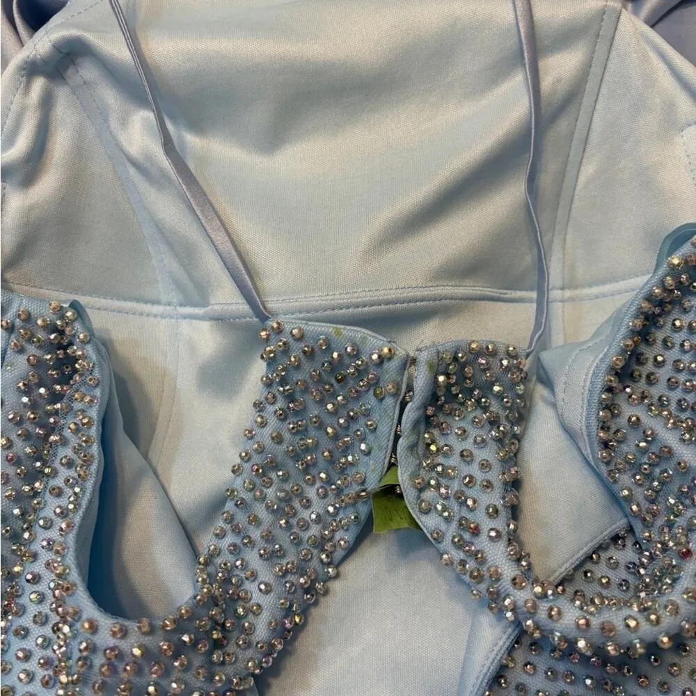 La Femme Light Blue Beaded High Neck Cut Out Satin A-Line Formal Maxi Prom Dress - Image 6