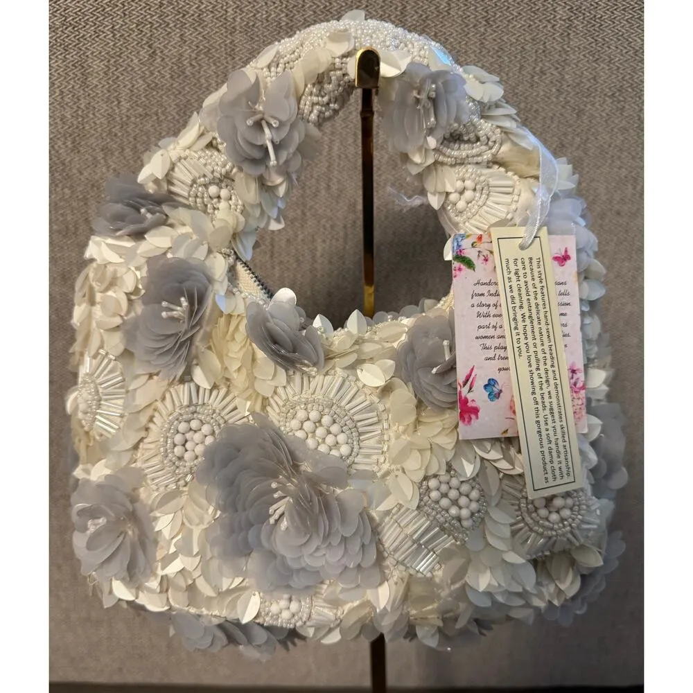 Viral Handcrafted in India White/Gray 3D Floral Beaded Crescent Bag Mini Bag NWT White - Image 2