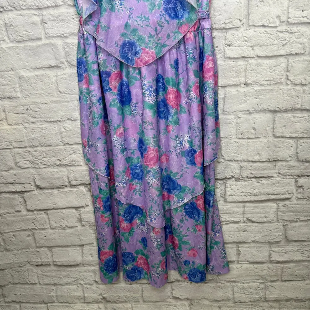 Vintage Lynn Bee Angel Sleeve Tiered Dress Purple Floral Belt Size L 80s Size L - Image 4