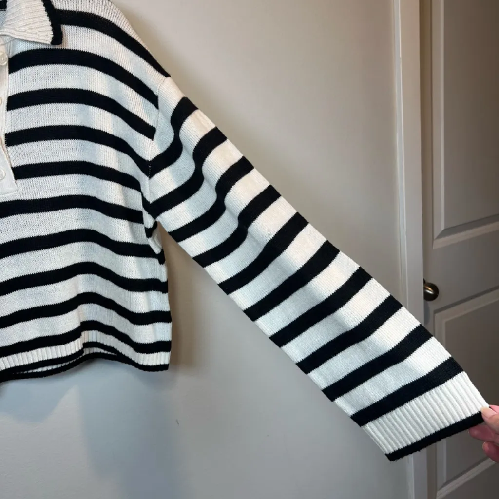 H&M Divided Cropped Polo Sweater Striped Ivory Black Stretch Preppy Women Medium - Image 4