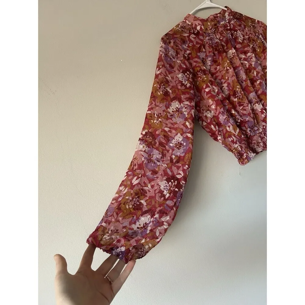 Sadie & Sage Cropped Floral Mock Neck Boho Girly Cute Blouse Top Size Small Pink - Image 9