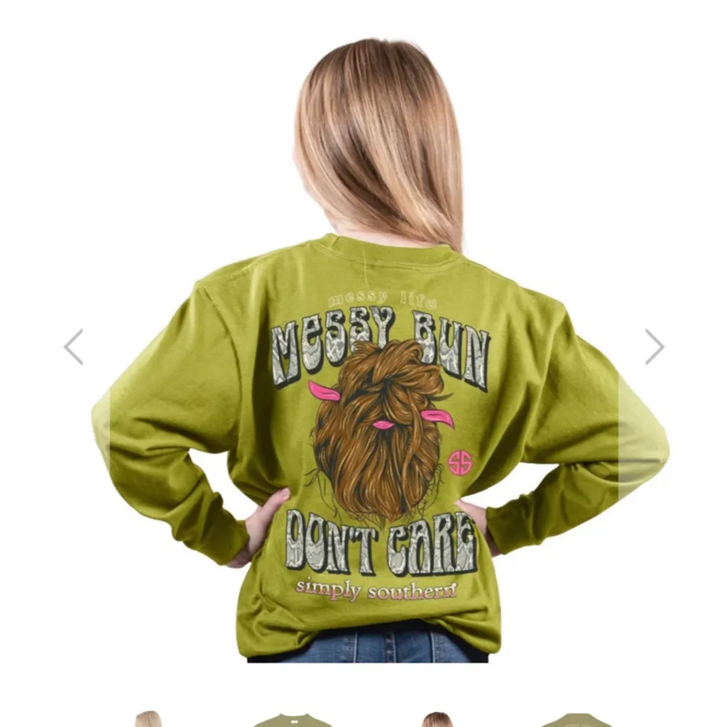 Women's Simply Southern Long Sleeve Tee L Green Messy Bun Don't Care - Image 2