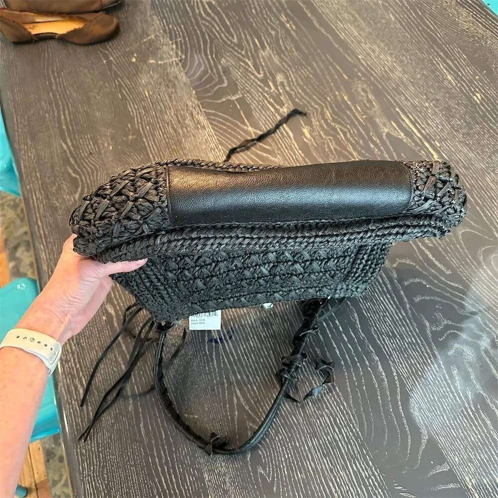 Nordstrom Black Straw & Leather Shoulder Bag Women's  Closure Fabric Lined NWT - Image 6