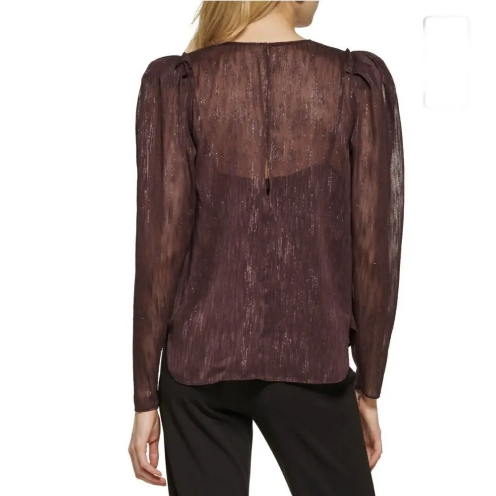 Elegant DKNY Metallic ruffle blouse top LARGE brown Textured - Image 4