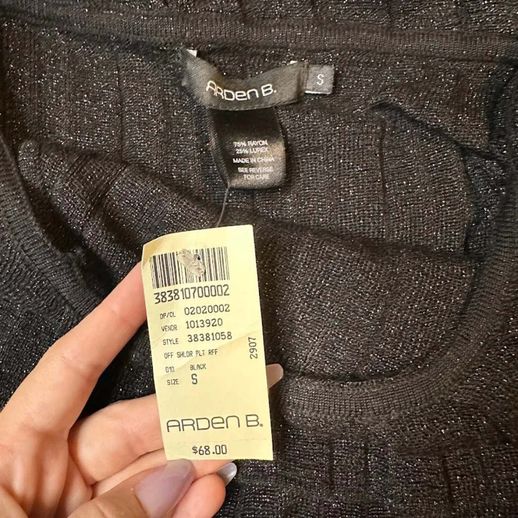 Arden B off the shoulder pleated knit lurex top in black & silver size small NWT - Image 5