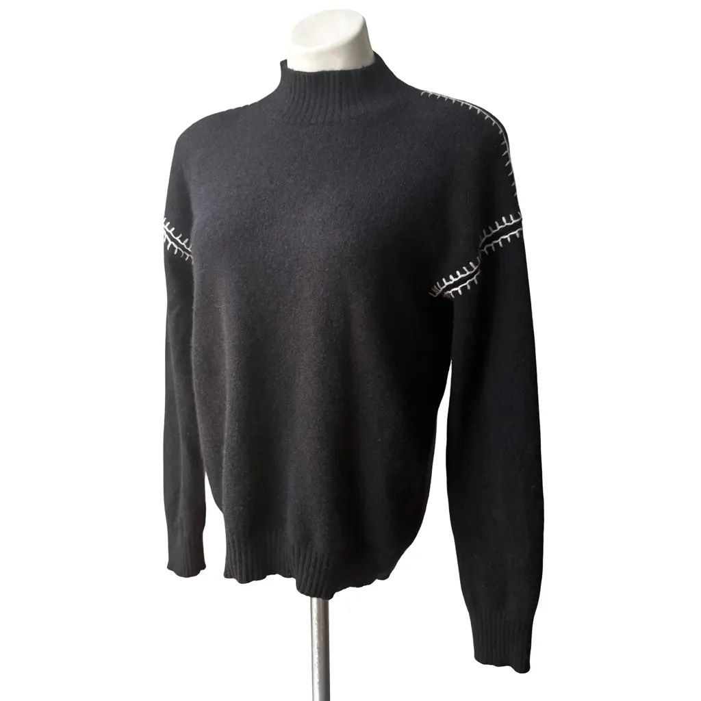 The Cashmere Project Black Mock Neck Cashmere Sweater w/White Stitch Trim, Sz L Size L - Image 5