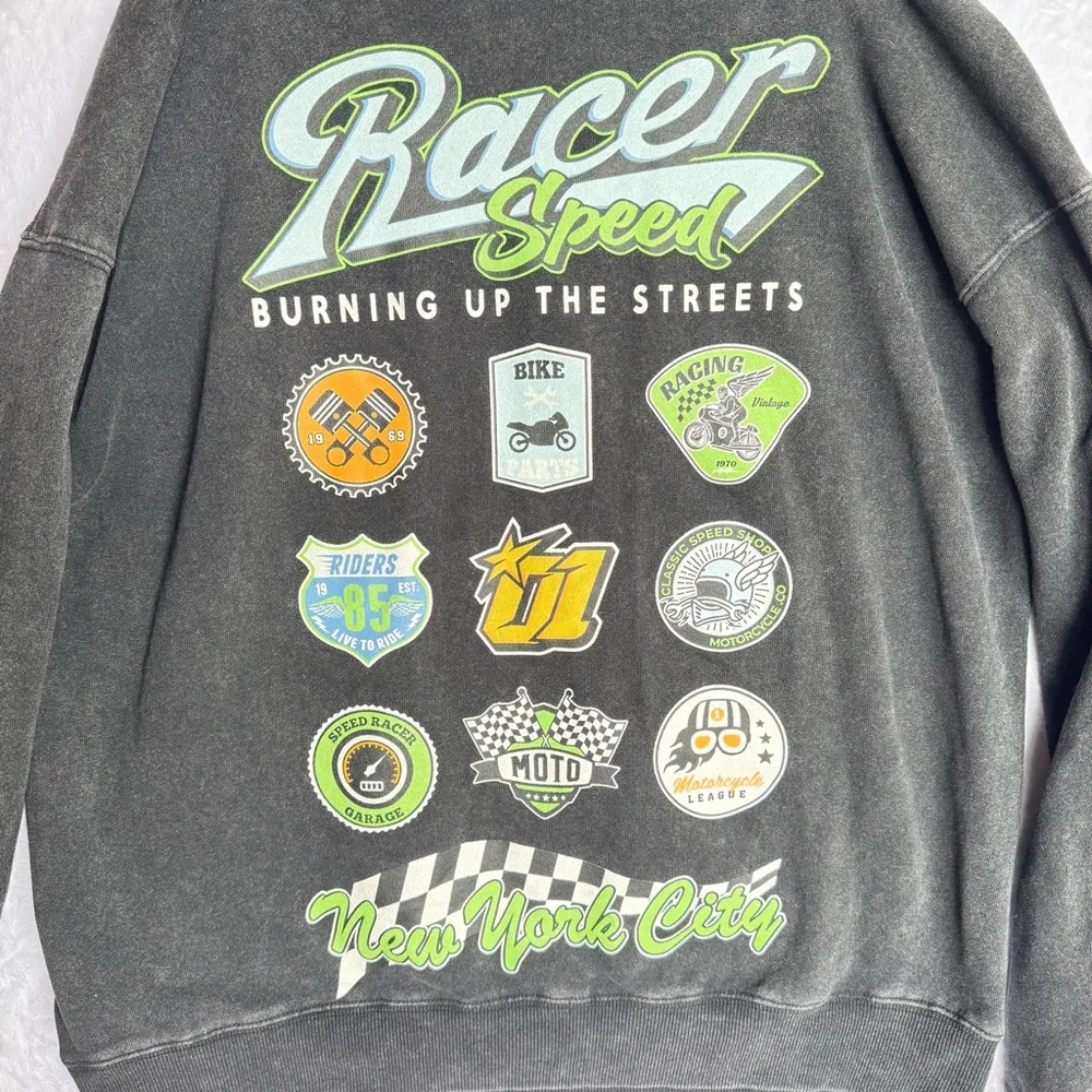 Speed Racer Burning Up the Streets NYC Cutout Neck Acid Wash Black Sweatshirt - Image 4