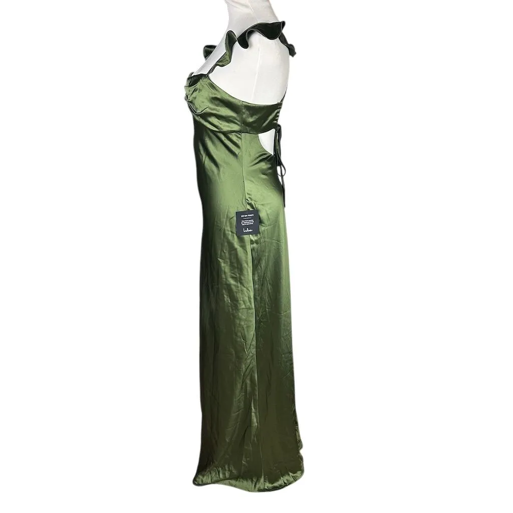 NWT Lulus Women's Exuberant Luxury Green Satin Ruffled Lace-Up Maxi Dress M - Image 8