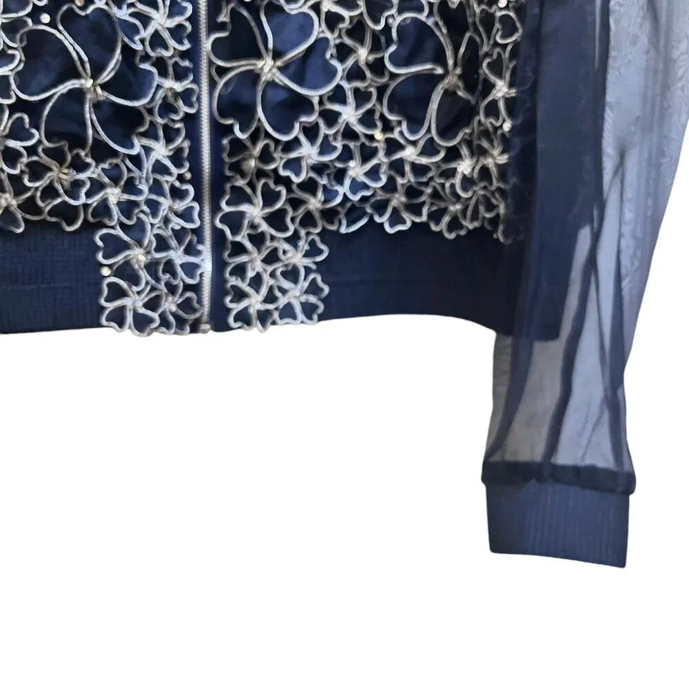 Elie Tahari Navy Silver Floral Lace Sheer Organza Silk Bomber Jacket Size Medium - Image 5