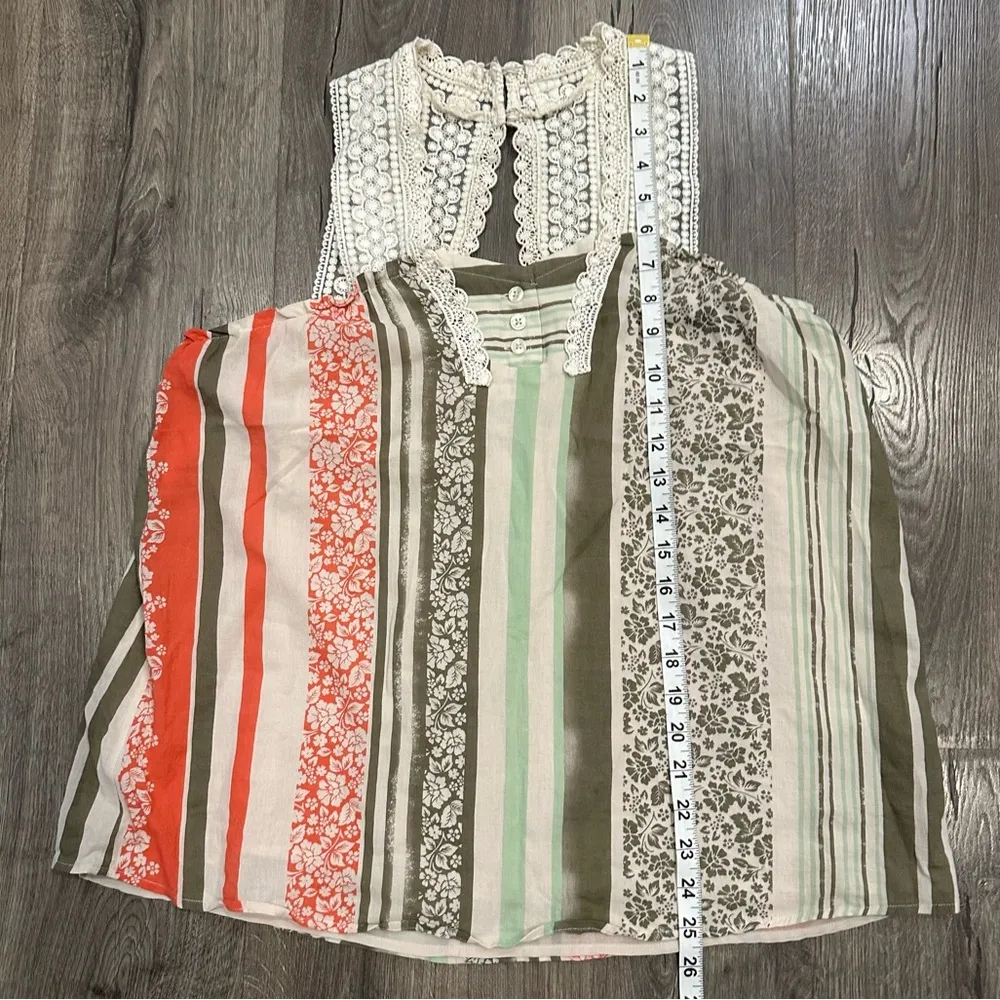 Cabi Top #266 Sleeveless Crocheted Boho Floral Green Orange Striped Gauzy Size M - Image 13