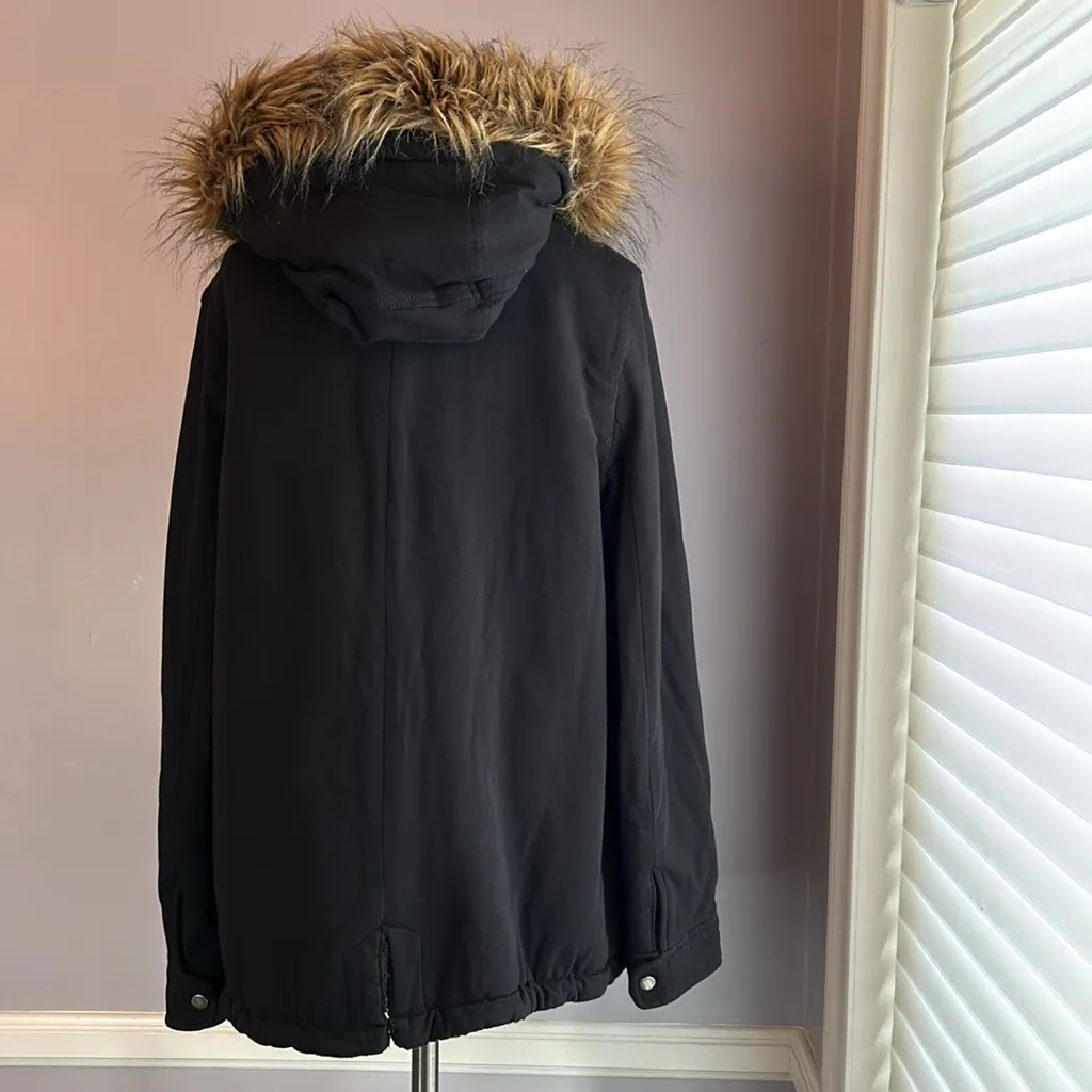 INC black jersey knit hooded jacket sherpa lined removable faux fur collar Size M - Image 4